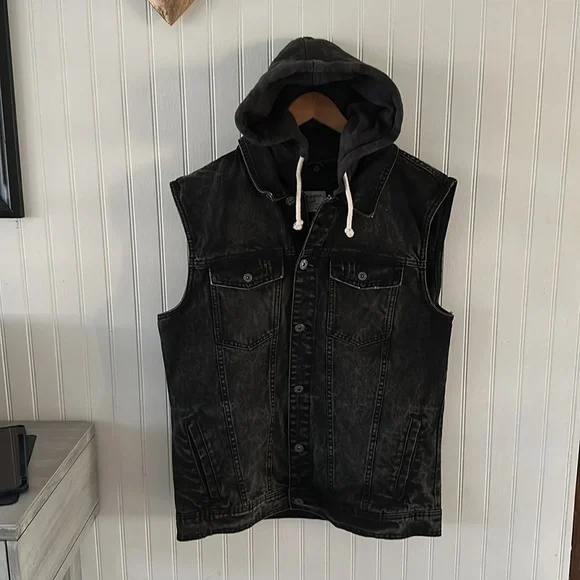 Pull & Bear Charcoal Gray Denim Hooded Vest Jacket XL - Picture 2 of 11